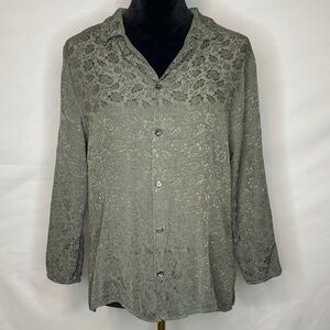 Vintage CP Shades Green Satin Textured Floral Cottagecore Button Down Top